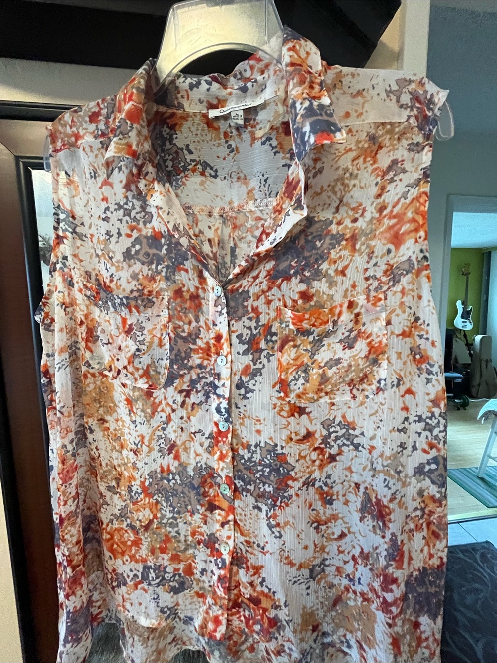 Sleeveless Sheer Floral Button-Front Blouse - Orange Multi